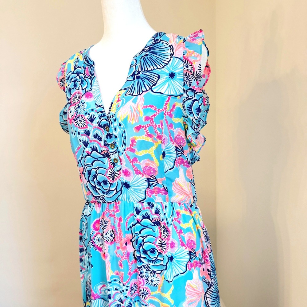Lilly Pulitzer Floral Maxi Dress Women Size 8 Blue Pink Ruffle Tiered Resort - Picture 4 of 9